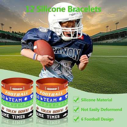 134 Pcs Football Party Favors Set 12 Silicone Bracelet 12 Whistles 12 Keychains 12 Slap Bracelet 12 Tattoo Stickers 12 Fidget Spinners 12 Gift Bags 50 Football Stickers for Football Party Supplies