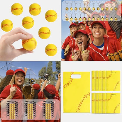 295 Pieces Softball Party Favors Supplies Set Bulk Mini Softball Slap Bracelet Tattoo Sticker Keychain Adjustable Bracelet Goodie Bag Fillers for Sports Softball Party Gifts Bags (Softball)