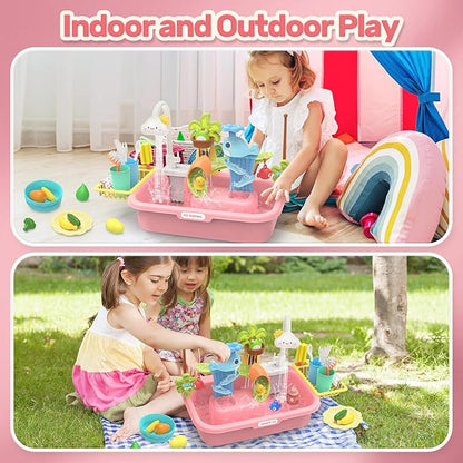 HOLYFUN Play Sink with Running Water, Kitchen Sink Toy with Upgraded Electric Faucet, Water Slide Track, Fishing Game Pool, and Floating Toys for Pretend Play,Dishwasher Toy for Kids and Toddlers