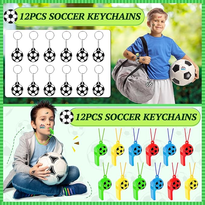 120Pcs Soccer Party Favors, Soccer Birthday Party Supplies with Whistle Stickers Slap Bracelet Key Chains and Soccer Goodie Bags for Soccer Party Decorations Supplies