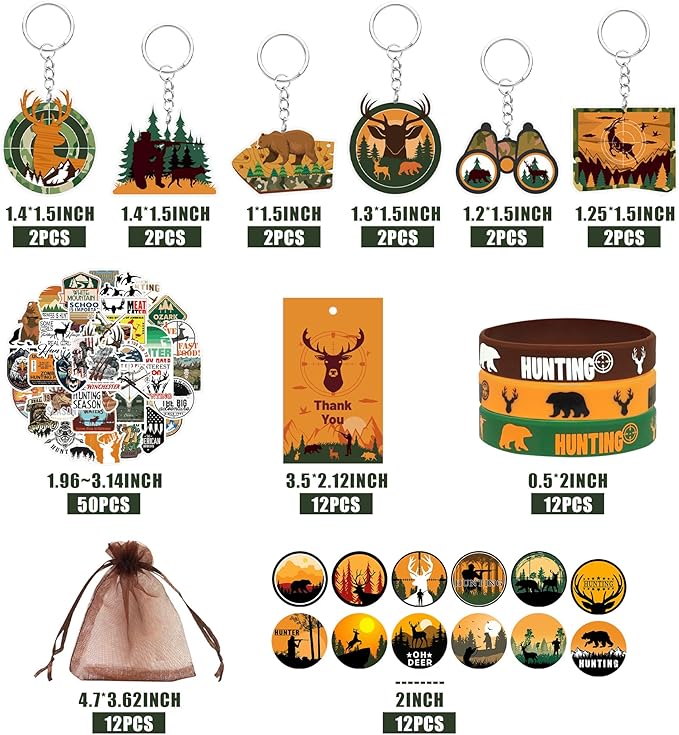 Tazimi 110 PCS Hunting Party Favors Hunting Birthday Party Supplies Camo Party Favors with Hunting Keychains Stickers Rubber Bracelets Button Pins and Bags for Hunting Theme Party