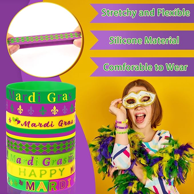 JUNEBRUSHS 24Pcs Mardi Gras Silicone Rubber Wristbands Bracelets for Mardi Gras Carnival Birthday Party Favors Supplies Decorations Goodie Bag Stuff Fillers (8 Designs)