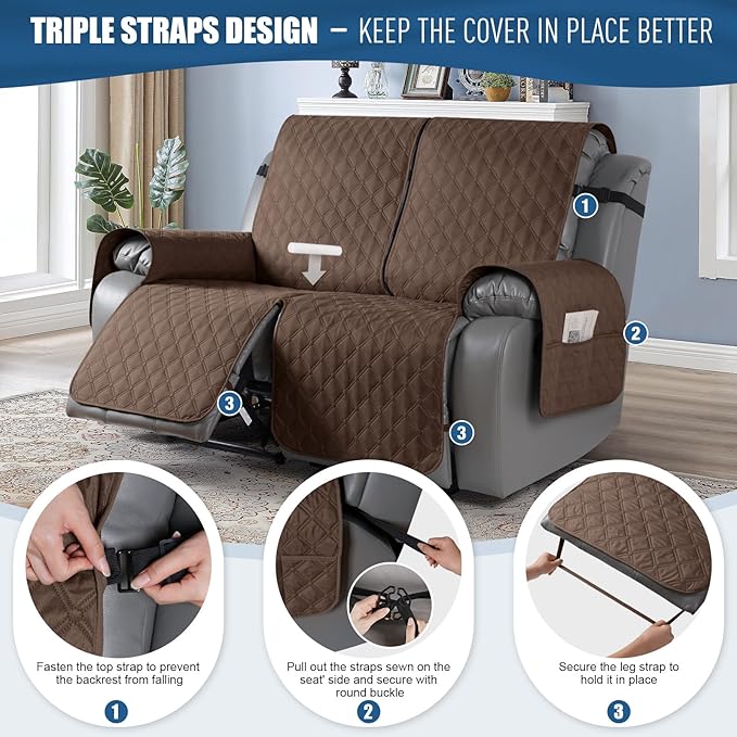 TAOCOCO 100% Waterproof Recliner Covers, Recliner Sofa Covers with Leg Straps, Reversible Recliner Couch Cover for Reclining Chair, Washable Couch Protector for Pets Kids(2 Seater, Brown)