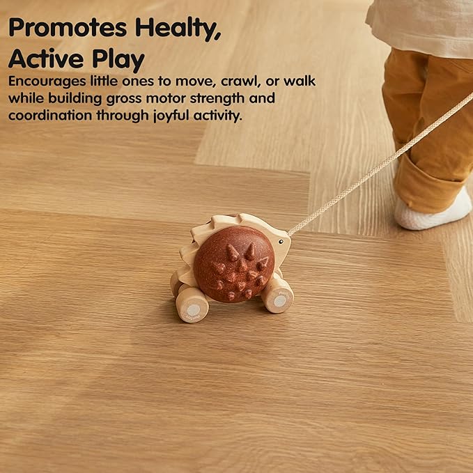 PlanToys® Wooden Pull Along Hedgehog | Montessori Pull Toy for Toddlers | Walking Toy with Sound, Early Learning, Balance & Coordination | Eco Friendly Wooden Toy