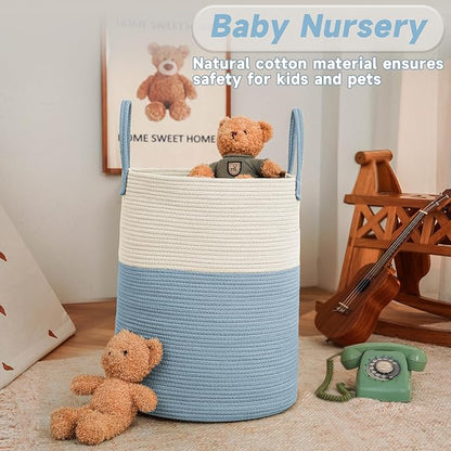 JMvicyroam Large Woven Laundry Basket Hamper,80L Cotton Rope Storage Bin for Blankets,Toys and Clothes,Decorative Tall Nursery Hamper for Living Room,Baby Nursery,Bathroom and Bedroom,White and Blue
