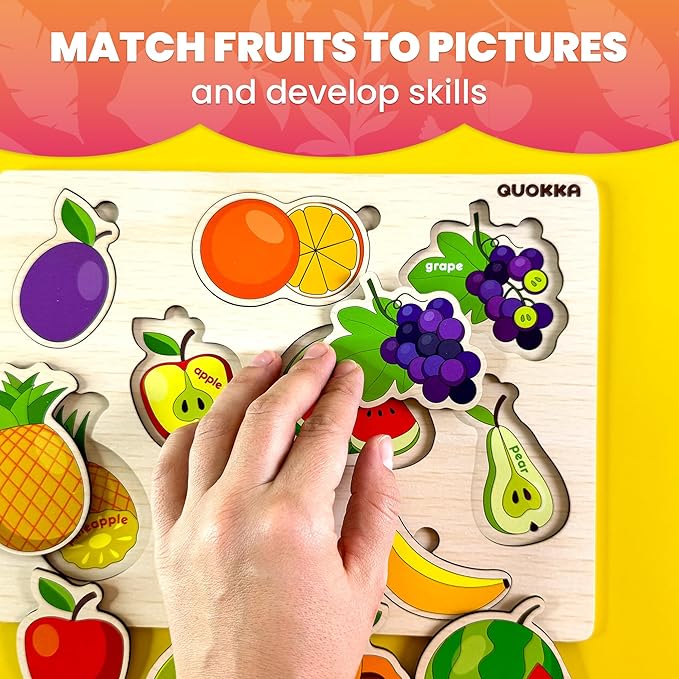 QUOKKA Wooden Puzzles for Toddlers 1-2 – 4 Set Pegged Puzzles for Kids Ages 1-2 – Fruits Learning Toy for Kids – Gift Realistic Educational Game for Boy and Girl