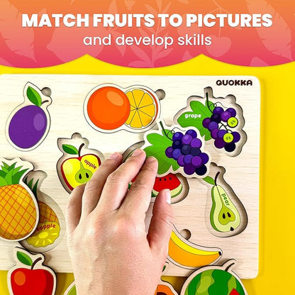 QUOKKA Wooden Puzzles for Toddlers 1-2 – 4 Set Pegged Puzzles for Kids Ages 1-2 – Fruits Learning Toy for Kids – Gift Realistic Educational Game for Boy and Girl