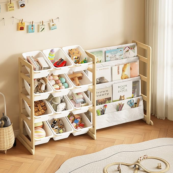 EXPERLAM Toy Storage Organizer with Bookshelf - 12 Storage Bins 4-Tier Multipurpose Shelf to Organize Toys and Books for Kids Room, Playroom, Nursery Room, White