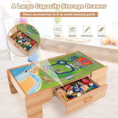 HONEY JOY Train Table, Wooden Kids Activity Table with Storage, 100 Multicolor Pieces, Tracks, Trains, Cars, Toddler Train Table Set with Reversible Tabletop, Gift for Boys Girls Age 3+, Natural