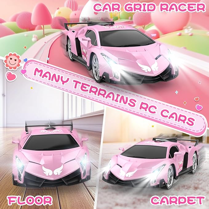 Growsland Remote Control Car for Girls, 1:18 Pink RC Cars Toys for Kids Girl Electric Vehicle Toy Car Hobby Racing Car with Lights & Controller, Birthday Gifts for Girl Boys Age 3 4 5 6 7 8 9 Year Old