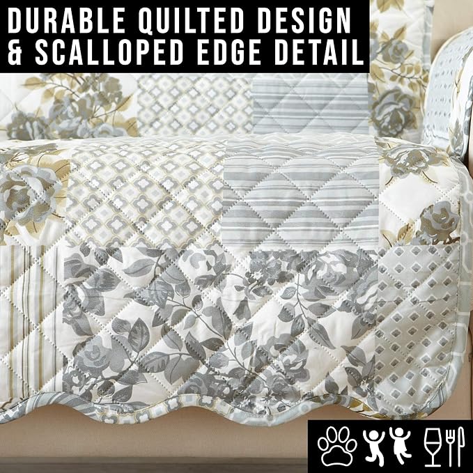 Patchwork Scalloped Printed Furniture Protector Stain Resistant Loveseat Cover (Loveseat, Grey)