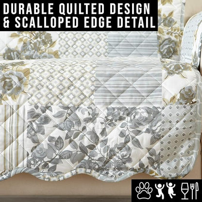 Patchwork Scalloped Printed Furniture Protector Stain Resistant Loveseat Cover (Loveseat, Grey)