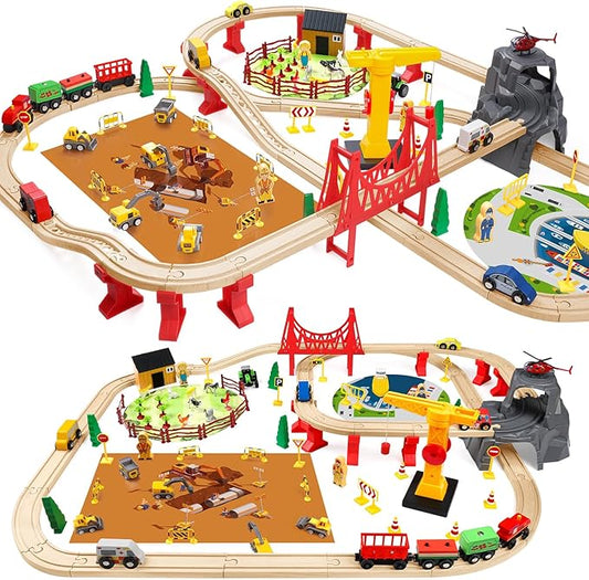118Pcs Wooden Train Set for Kids & Toddlers, Wood Train Track Set Train Railway Accessories Toy Train Sets for Boys and Girls Gifts Ages 3+ 4 5 6 7 8 - Compatible with All Major Brands