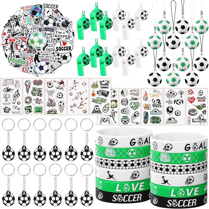 120 Pieces Sport Party Favors Set, Soccer Basketball Football Baseball Goodie Bag Fillers, Toy Whistle Silicone Bracelet Luminous Tattoo Sticker Keychain for Sports Party Supplies (Soccer Style)