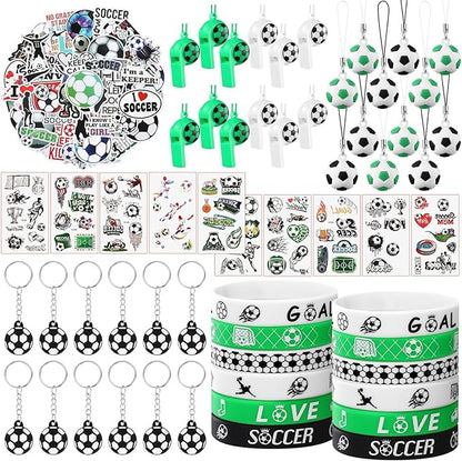 120 Pieces Sport Party Favors Set, Soccer Basketball Football Baseball Goodie Bag Fillers, Toy Whistle Silicone Bracelet Luminous Tattoo Sticker Keychain for Sports Party Supplies (Soccer Style)