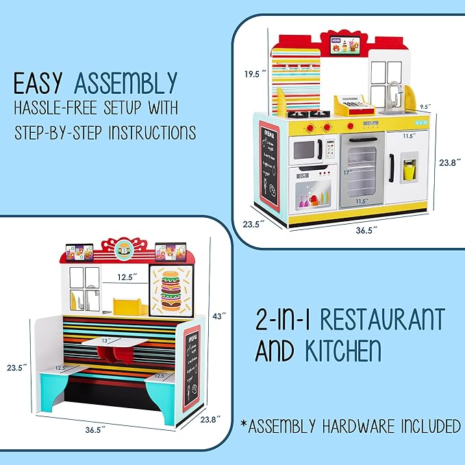 Lil' Jumbl Double-Sided Restaurant Playset for Kids, Wooden Pretend Diner Set, Kitchen Set with Cash Register, Burners, Faucet & Dispenser are Battery Operated and Make Realistic Sound & Light