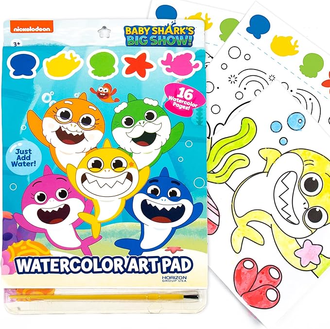 Horizon Group USA Baby Shark Watercolor Art Pad – Baby Shark Water Coloring Book & Painting Set –Baby Shark Watercolor Painting Kit – Great Baby Shark Art Set for 3 Year Old