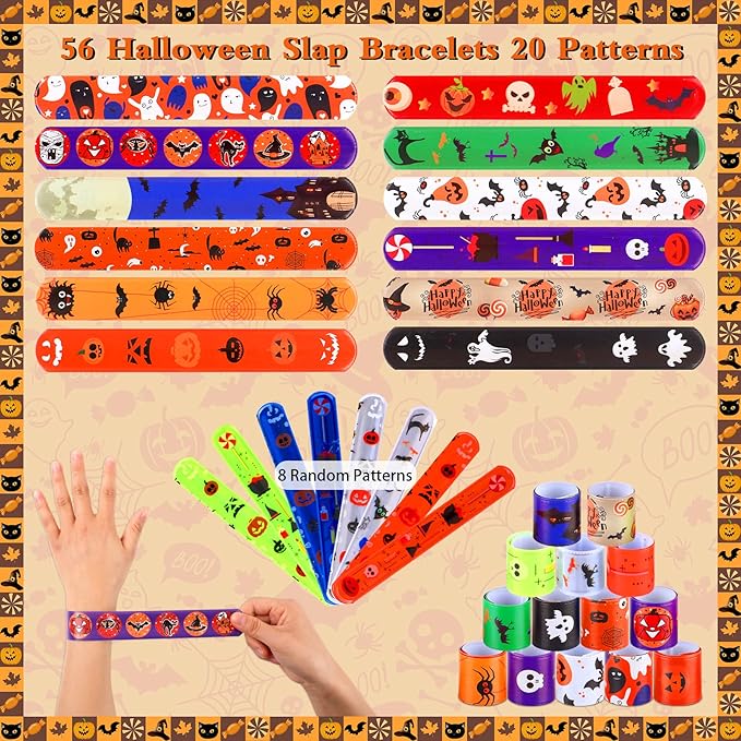 JUNEBRUSHS 56 PCS Halloween Slap Bracelets Halloween Party Favors Snap Bracelets Bulk Halloween Toys for Kids Girls Boys Birthday Party Supplies