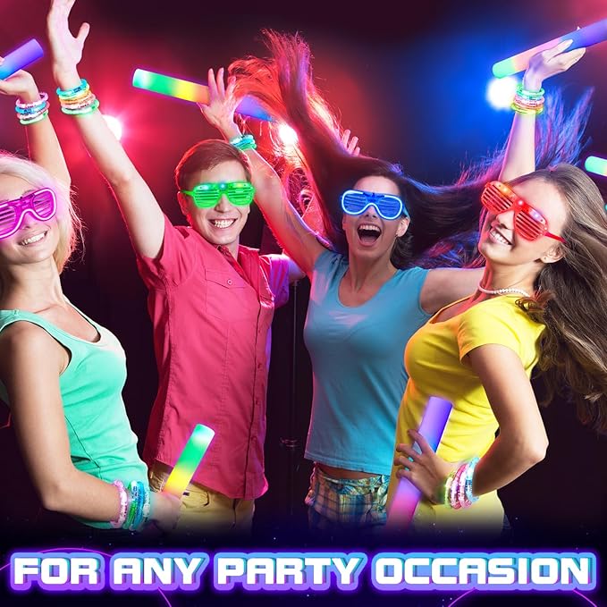 96Pcs Glow in the Dark Party Supplies for Kids & Adults, Neon Light up Glasses, Foam Glow Sticks&LED Glow Bracelets, Ideal for Birthdays Halloween Weddings Carnival, and Rave Hora Loca Party favors