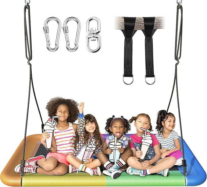 60" Tree Swing, 700lbs Capacity Rectangle Platform Swing, Waterproof & Durable, Adjustable Hanging Straps for Outdoor & Indoor Use, Suitable for Kids & Adults-Multicolor