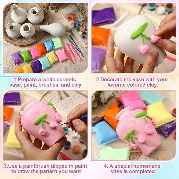 5 Set Paint Your Own Vases Pastel Painting Kit for Art DIY Craft Project Unpainted White Ceramic Vases 12 Paints 12 Color Clay for Spring Home Decor Birthday Party Gift