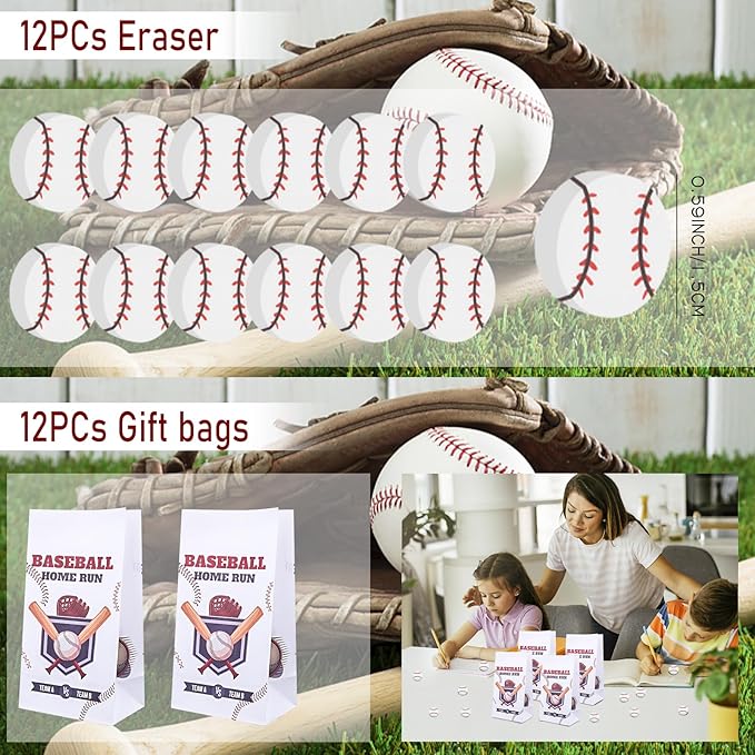 208Pcs Baseball Party Favors with Baseball Party Bags Baseball Whistle Mini Foam Baseball Ball Slap Bracelets Keychains Sticker Tattoo Eraser for Baseball Party Goodie Bag Fillers Party Decorations