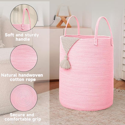 JMvicyroam Large Woven Laundry Basket Hamper,100L Cotton Rope Storage Bin for Blankets,Toys and Clothes,Decorative Tall Nursery Hamper for Living Room,Baby Nursery,Bathroom and Bedroom,Pink