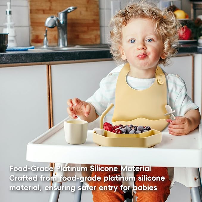 8PCS Baby Feeding Set,Silicone Baby Weaning Sets Baby Led Weaning Supplies Divided Plate Suction Bowl Cup with Straw Bib Feeder Spoons for 6+ Months (Yellow)