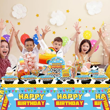 Cartoon Story Birthday Party Supplies Cow Print Party Tableware Includes Cartoon Story Party Plates Napkins Fork and Blue Sky White Clouds Tablecloth for Baby Show Parties Decorations Set Serve 20