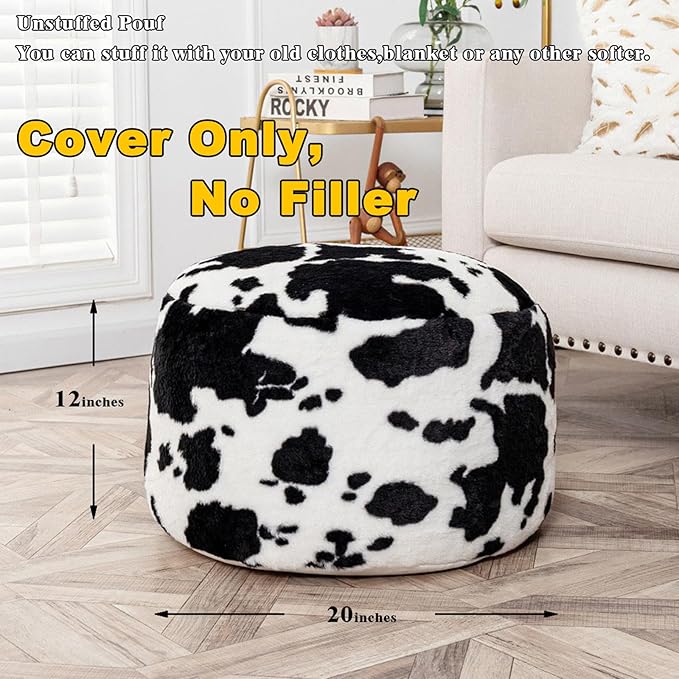 Asuprui Pouf Ottoman Unstuffed, Faux Rabbit Fur Cover, No Filler, 18" Round, Black and White