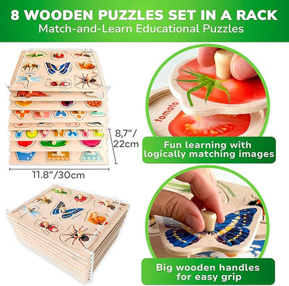 QUOKKA Wooden Puzzles for Toddlers 1-3 - 8XSET Toddler Puzzles Ages 2-4 with Rack - Learning Alphabet, Numbers and Animals Toy Puzzles for Toddlers 3-5 - Wood Games Gift for Boys and Girls