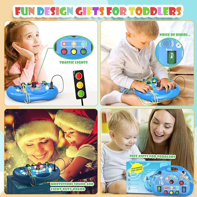 Busy Board with LED Light, Montessori Busy Board for 1+ Year Old, Sensory Toys with Sound and Switches, Fidget Board for Kids Electronic Early Development Toys Boys Birthday (Blue)