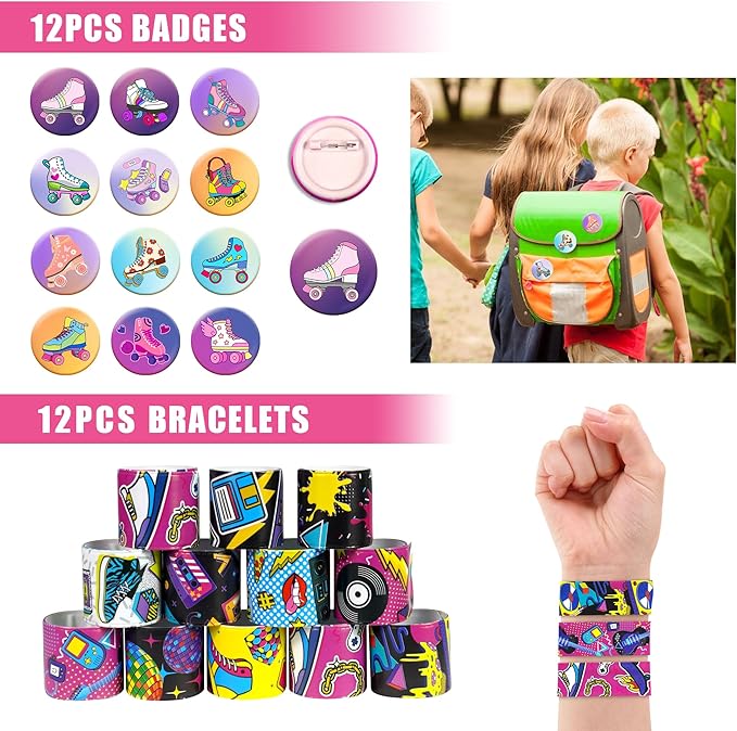 122 PCS Roller Skate Party Favors Skating Party Supplies with Key Chains Button Pins Stickers Rubber Bracelets for Hip Hop Disco 80s 90s Themed Party (style 2)