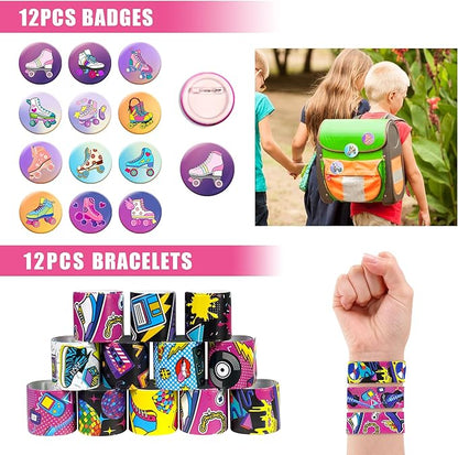 122 PCS Roller Skate Party Favors Skating Party Supplies with Key Chains Button Pins Stickers Rubber Bracelets for Hip Hop Disco 80s 90s Themed Party (style 2)