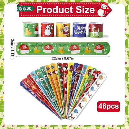 48pcs Christmas Slap Bracelets, Santa Claus Snowman Christmas Tree Reindeer Slap Wristband Christmas Stocking Stuffers for Boys Girls Xmas Birthday Party Favors Toys Goodie Bag Fillers