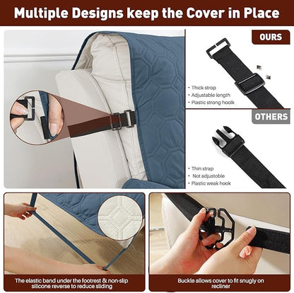 XINEAGE 100% Waterproof Recliner Chair Cover, Non Slip Covers for Recliner Chair with Pocket, Washable Dog Recliner Couch Cover with Elastic Straps (Berlin Blue, 23.6")