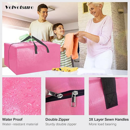 6 Pack Heavy Duty Extra Large Moving Bags W/Backpack Straps - Strong Handles & Zippers, Storage Totes For Space Saving, Fold Flat, Alternative to Box and Bin (40 gal, Pink)