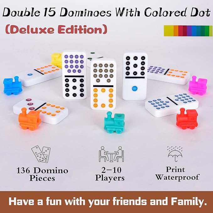 Dominoes Set for Adult, Double 15 Dominoes Set Double 15 Colored Dot Mexican Train Domino Set,Dominoes with Aluminum Case, 136 Tiles (2-10 Player)