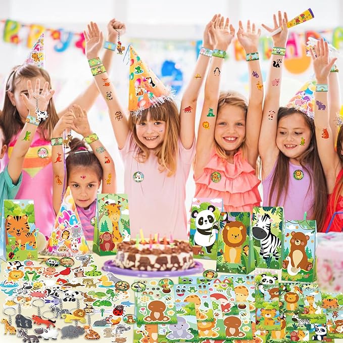 Wild Animals Party Favors, Jungle Safari Birthday Decorations, Animal Gifts Bags Keychain Mini Notepad Stickers Bracelets for Animal Party Supplies Kids Boys Girls