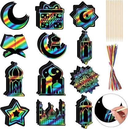 HOWAF 36pcs Ramadan Mubarak Scratch Paper Art Kit, Eid Mubarak Rainbow Scratch Off Cards for Eid Holiday Activity School DIY Drawing Project Supplies, Ramadan Kareem Paper Scratch Pad for Kids