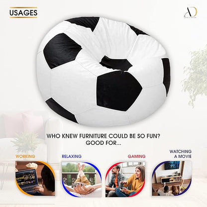 Ample Decor Soccer Bean Bag Cover (Filler Not Included), Leatherette Durable Double Stitched Material Sturdy Zippers, Ideal for Children and Teenagers - White and Black