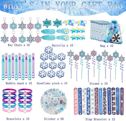 132Pcs Snowflake Party Favors Set Birthday Party Supplies Include 12 Bracelets, 10 Keychain, 10 snowflake squishies,10 wristbands,10 Hair accessories,10 straws,10 Bubble,50 Stickers and 10 Gift bags