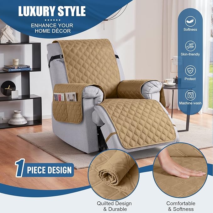 TAOCOCO 100% Waterproof Recliner Covers, Recliner Sofa Covers with Leg Straps, Reversible Recliner Couch Cover for Reclining Chair, Washable Couch Protector for Pets Kids(1 Seater 28", Camel)