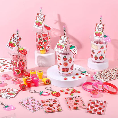 Colarr 161 Pcs Strawberry Party Favors School Stationery Set Includes Gift Cup Notebook Pencil Sharpener Eraser Keychain Stamp Slap Bracelet Sticker Card Valentine's Day gift for kids Child Supplies