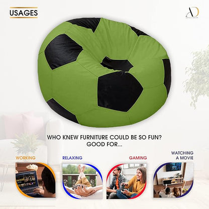 Ample Decor Soccer Bean Bag Cover (Filler Not Included), Leatherette Durable Double Stitched Material Sturdy Zippers, Ideal for Children and Teenagers - Green and Black