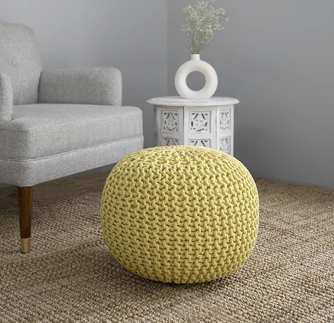 COTTON CRAFT - Hand Knitted Cable Style Dori Pouf - Yellow - Floor Ottoman - Cotton Braid Cord - Handmade & Hand Stitched - Truly one of a Kind Seating - 20 Dia x 14 High