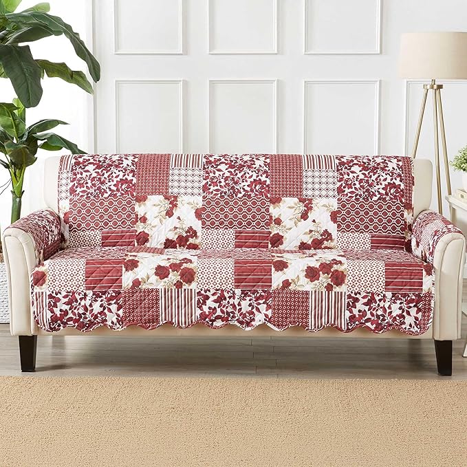 Great Bay Home Patchwork Scalloped Printed Furniture Protector Stain Resistant Sofa Cover (Sofa, Burgundy)