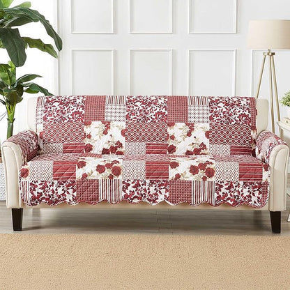 Great Bay Home Patchwork Scalloped Printed Furniture Protector Stain Resistant Sofa Cover (Sofa, Burgundy)