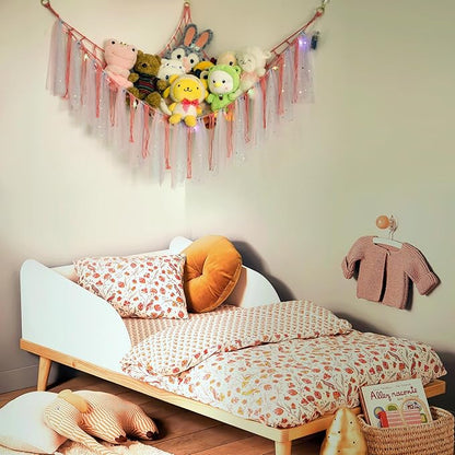 Stuffed Animal Hammock with LED Lights - 59 Inch Large Toy Storage Net for Kids Bedroom, Wall-Mounted Plush Organizer with Wooden Rings, Nursery Decor (Handwoven, Dark Pink)