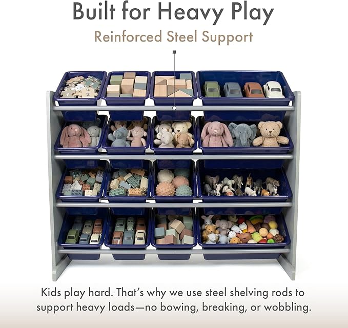 Humble Crew Supersized Toy Storage Organizer with 16 Removable Bins, Grey/Navy – Large Toy Storage for Toddlers Ideal for Kids' Rooms, Playrooms, and Nurseries - Modern Toy Bins for Kids